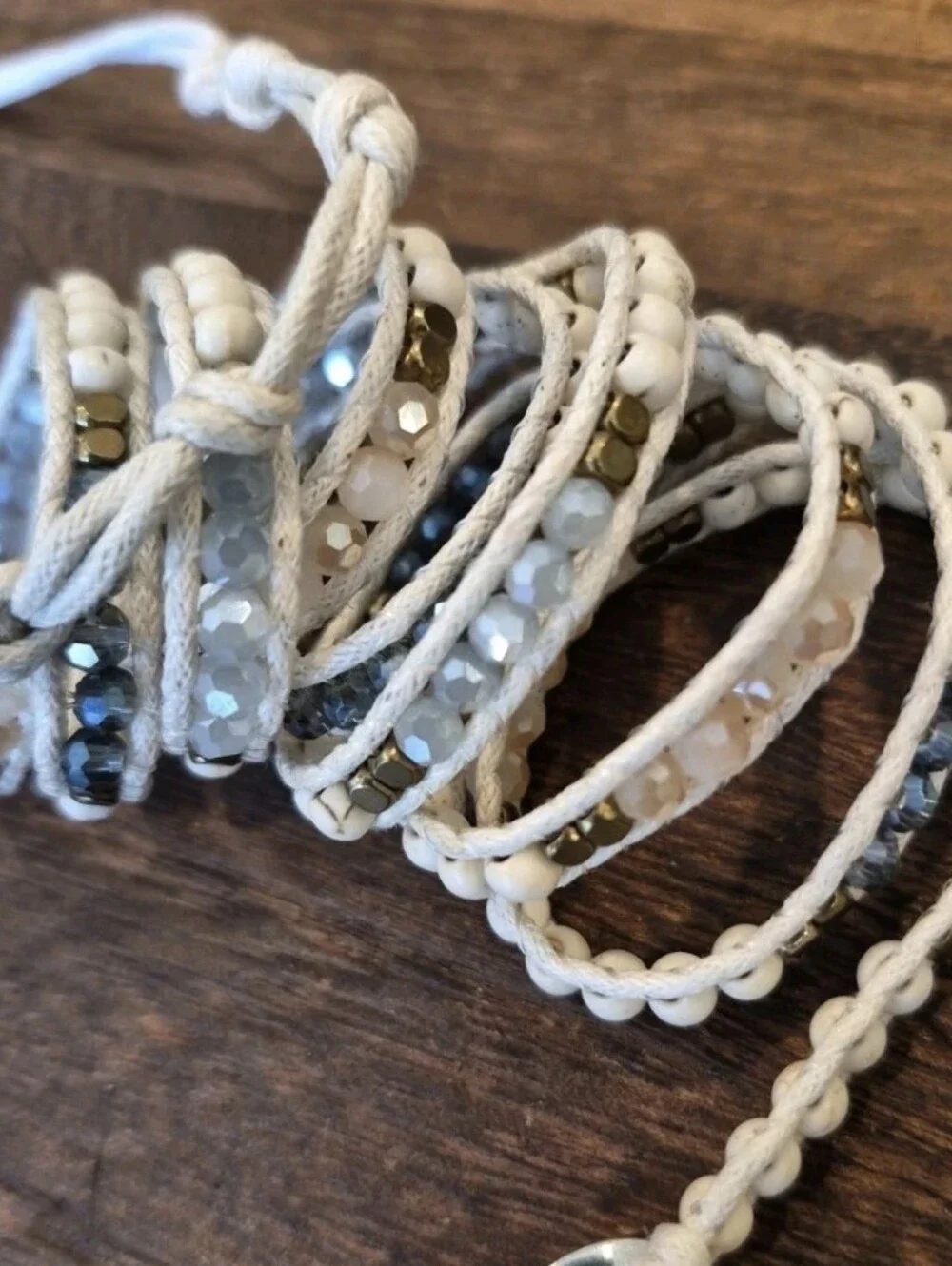 Liv Thai Boho Blue, Cream, Gold, & Gray Hues Faceted Bead Wrap Bracelet